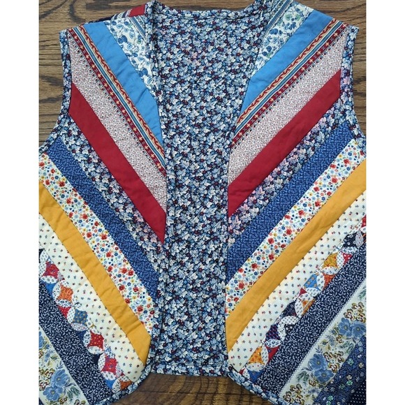 Vtg Multicolor Quilt Sleeveless Vest Grandma Cottagecore Floral Stripe Sz S/M - Picture 3 of 8
